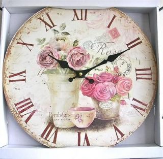 VICTORIAN FRENCH COUNTRY PINK ROSES SHABBY COTTAGE CHIC WALL CLOCK 13 