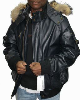   Genuine Leather Jacket with Fur hood Navy Blue 4XL Retail Value $ 450