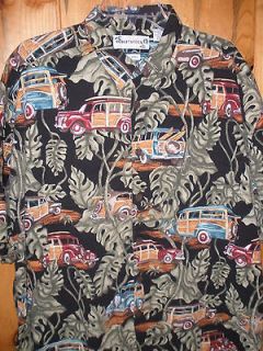 Mens Vintage WOODY SURF Hawaiian Print Shirt Size XL ROBERT STOCK Cars 