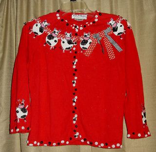 Red JACK B QUICK Black White Beaded COW Barn COUNTRY Cardigan SWEATER 
