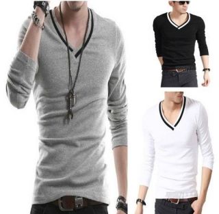 Korea new solid color mens fashion v neck Slim long sleeve t shirt 