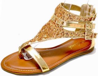 New womens sandals shoes gladiator open toe back zipper sequins gold