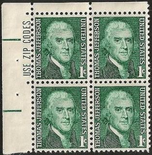 US 1278 Thomas Jefferson 1c stamp zip block TL MNH 1968