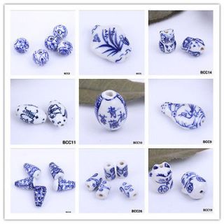   Handmade Lampwork Jewelry Blue White Porcelain Ceramic Beads Pendants
