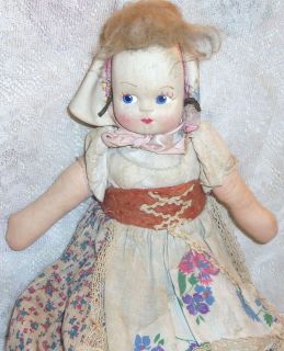 Antique Cloth Doll Holland Dutch Girl Sculpted Face Dress w/ Petticoat 