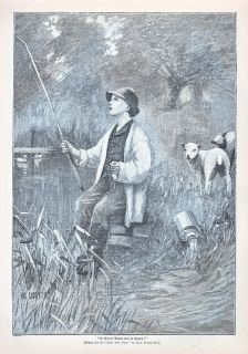 lamb sheep ducks boy fishing in lake antique print 1892