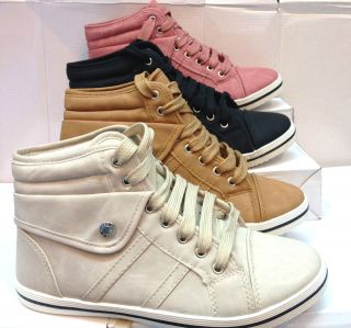 WOMENS LADIES FLAT LACE UP SPORTS HIGH HI TOP PUMPS TRAINERS SHOES 