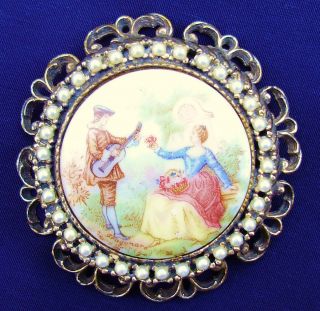 GORGEOUS LARGE PORCELAIN COUPLES BROOCH ORNATE PEARLS HND PTD 