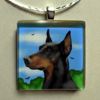 doberman pinscher dog art glass tile pendant free chain time
