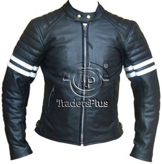  Racer Style Retro Motorcycle Cowhide Leather Jacket with White Stripes