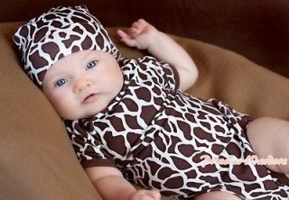 Infant Toddler Newborn Baby Brown Giraffe Print Jumpsuit Romper Hat 