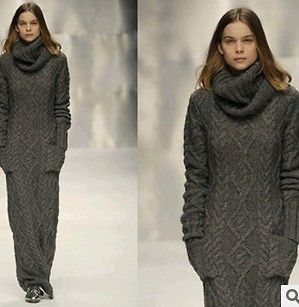 Womens Vintage Sweater Turtleneck Long Slim Pullover Knit Dresses Grey 