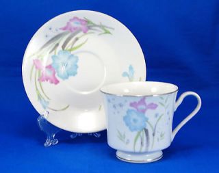Fortune Fine China Footed Cup and Saucer Set 3 in. Pink Blue Flowers 