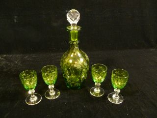 BEAUTIFUL VINTAGE GREEN CUT GLASS CRYSTAL DECANTER AND CORDIAL SET
