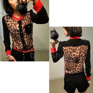 Womens Stand Up Collar Leopard Print Chiffon Tops Long Sleeve Button 