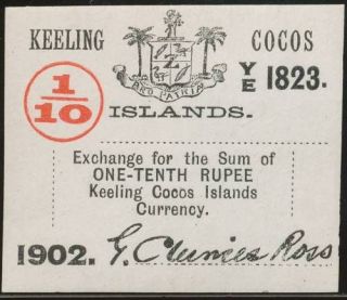 keeling cocos 1 10 rupee 1902 p s123 unc from germany  