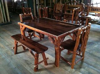 Sassafras Walnut Rustic Log Kitchen table + 2 chairs 2 benches Amish 