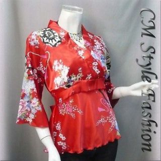 Japanese Kimono Silky Satin Blouse Top Red XL