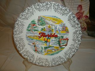 Vintage Ceramic Florida Collector Plate with 22 Karat Gold Trim, USA