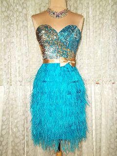 TERANI Y754 TURQUOISE FEATHER SEQUIN SHORT PROM PAGEANT FORMAL PART 