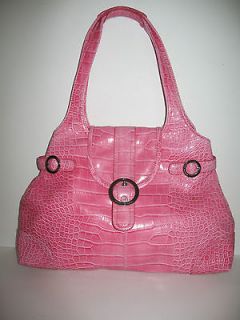 KATHY VAN ZEELAND BELTED PINK PATENT CROC & SILVER ACCENTS STYLE TOTE 