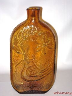 Empoli Italian Glass Amber Bottle Decanter Dove Bird with Branch Mid 