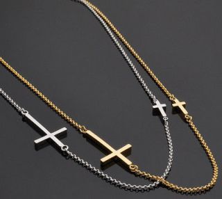 New Large Cross Sideways Gold Tone Crystal Pendant Necklace,Gift Boxed 