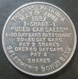 1937 The First National Salesmens Bonus Bank Trade Token Used 