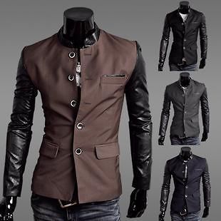 weilin Premium PU Leather Sleeves Collar Pached Slim Blazer Jacket M L 