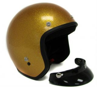 Metalflake Gold Motorcycle Open Face Helmet Cafe Racer Vintage Cruiser 