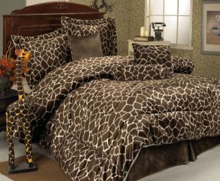 PC Comforter Set Giraffe Print Faux Fur in Brown and Off White