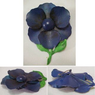   Vintage Large Metal with Enamel Paint Navy Blue Flower Brooch Pin