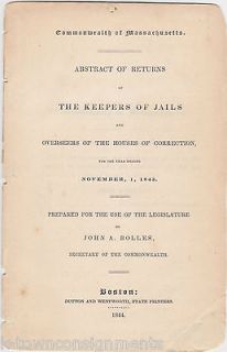 MASSACHUSETTS KEEPERS OF JAILS DEPT OF CORRECTIONS ANTIQUE 1844 