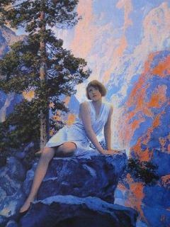 Maxfield Parrish Edison Mazda Art Solitude Girl on Rock in Mountains 