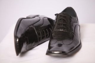 New Mens Black Dress Shoes Gator Print High Gloss Leon Shoes Lace Up 