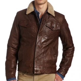 Levis Mens Sherpa Lining 100% Leather Trucker Jacket   Brown   L