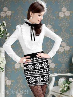 office elegant retro black bow lace long sleeve women blouse shirt top 