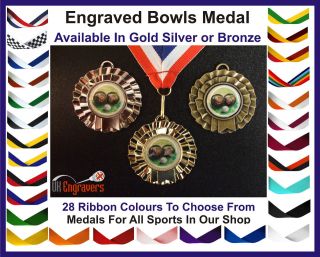 ENGRAVED LAWN BOWLS BOWLING CLUB ROSETTE MEDAL WITH RIBBON TROPHY 