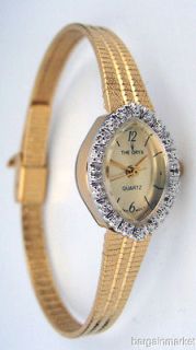 24K Gold Plated Genuine Diamonds Womens Dress Quartz Watch
