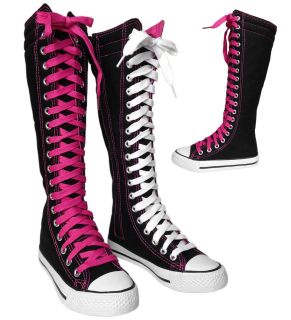 NEW Womens Tall Knee High Lace Up Canvas Sneaker Boots BLACK PINK 