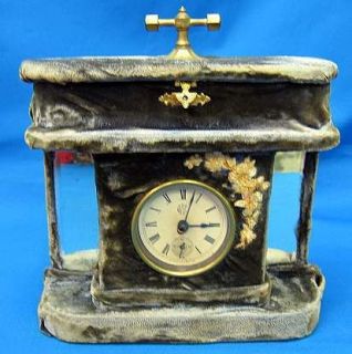 1800s velvet vanity box / case perfume mirrors & waterbury clock 