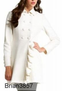 AMAZING* LUXURIOUS BEBE $240 CREAM DOUBLE RUFFLE BELTED DOUBLE BREAST 