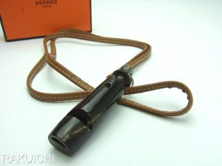 Authentic HERMES Buffalo Horn Dog Whistle Brown Leather With Box