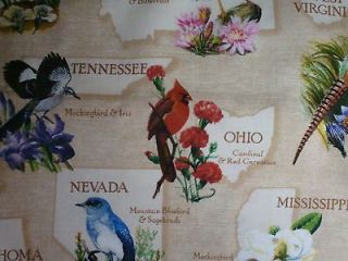 STATE MAP FLOWER AND BIRD  40 x 44  check BTY fabrics & SALES