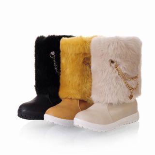 Ladies Mongolian Chain PU Leather Fur Warmer Mid Calf Leisure Boots 