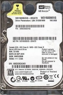 Western Digital 160GB WD1600BEVS 26VAT0, DCM HHCV2BNB, SATA 2.5 Hard 