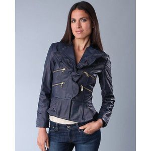 NEW Members Only Peplum Ruffle leather jacket navy blue sz S $498