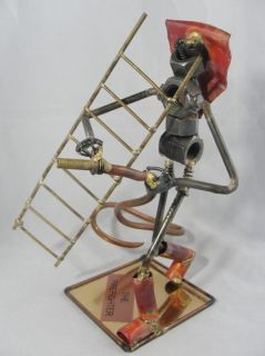   Romano Signed FIREFIGHTER Scrap Metal Sculpture Ladder & Hose Fireman