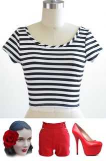 50s Style BLACK & White STRIPED J.D. Bad Girl NAUTICAL PINUP Cropped 