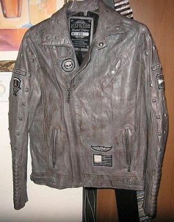 NWT, MENS AFFLICTION LEATHER JACKET, GRAY, REBORN, L, $595
